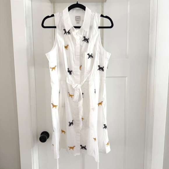 Maeve Dresses & Skirts - Maeve Anthropologie Sleeveless Mini Shirt Dress White Embroidered Dogs Puppy S